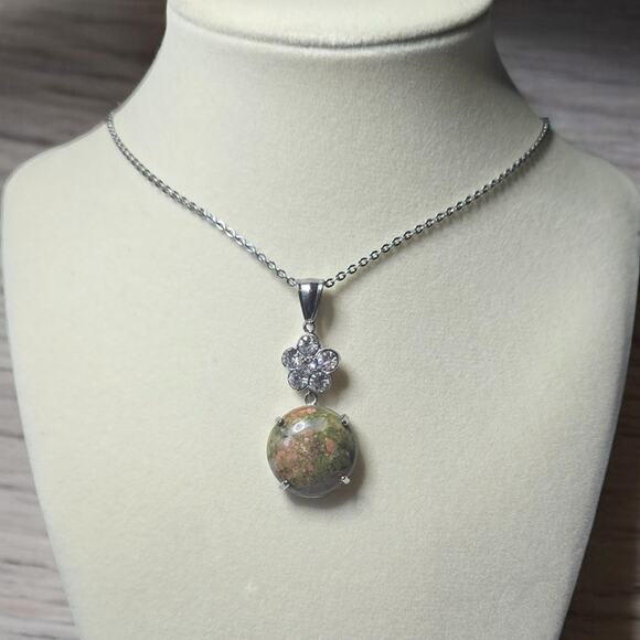 Source Unknown Jewelry - Beautiful Jasper Natural Gemstone and Rhinestones Pendant Necklace